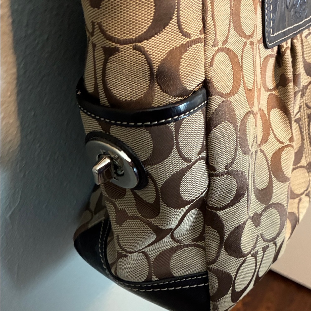 Coach Tan and Brown Signature Pleated Gallery Shoulder Handbag Tote - Picture 7 of 15